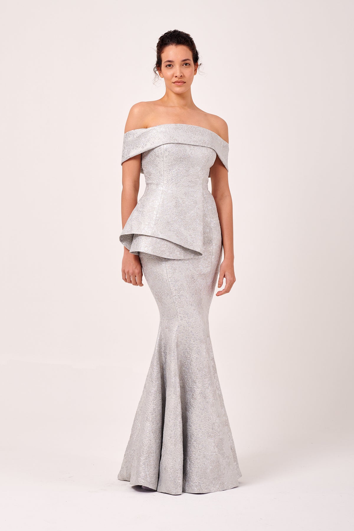 Folded Off The Shoulder with Side Layered Peplum Silk and Wool Long Dress