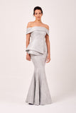 Folded Off The Shoulder with Side Layered Peplum Silk and Wool Long Dress