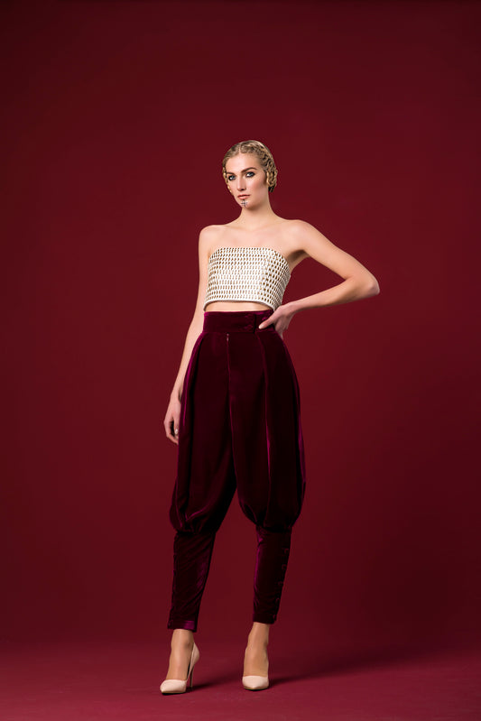 High-Waisted Draped Shalwar Shinny Velvet Pant