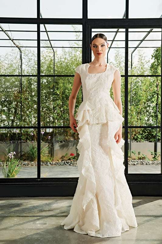Ruffle Detailed Fil-Coupe and Soft Organza Long Dress