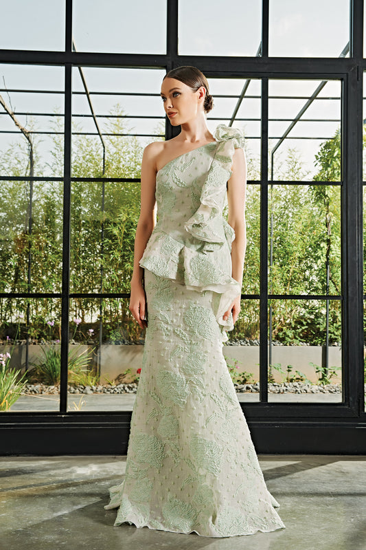 Ruffle Detailed Fil-Coupe and Soft Organza Long Dress