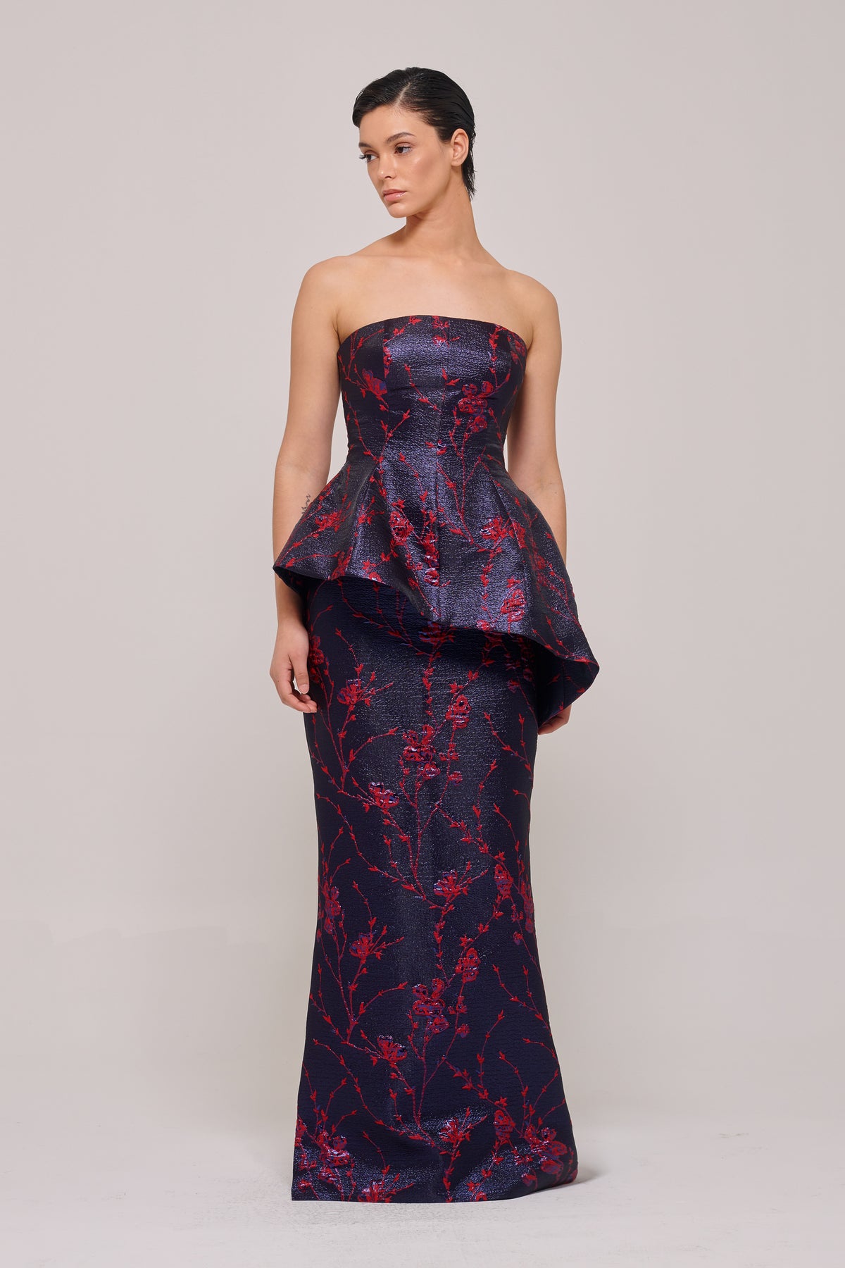 Strapless Long Dress with Asymmetric Peplum Detail
