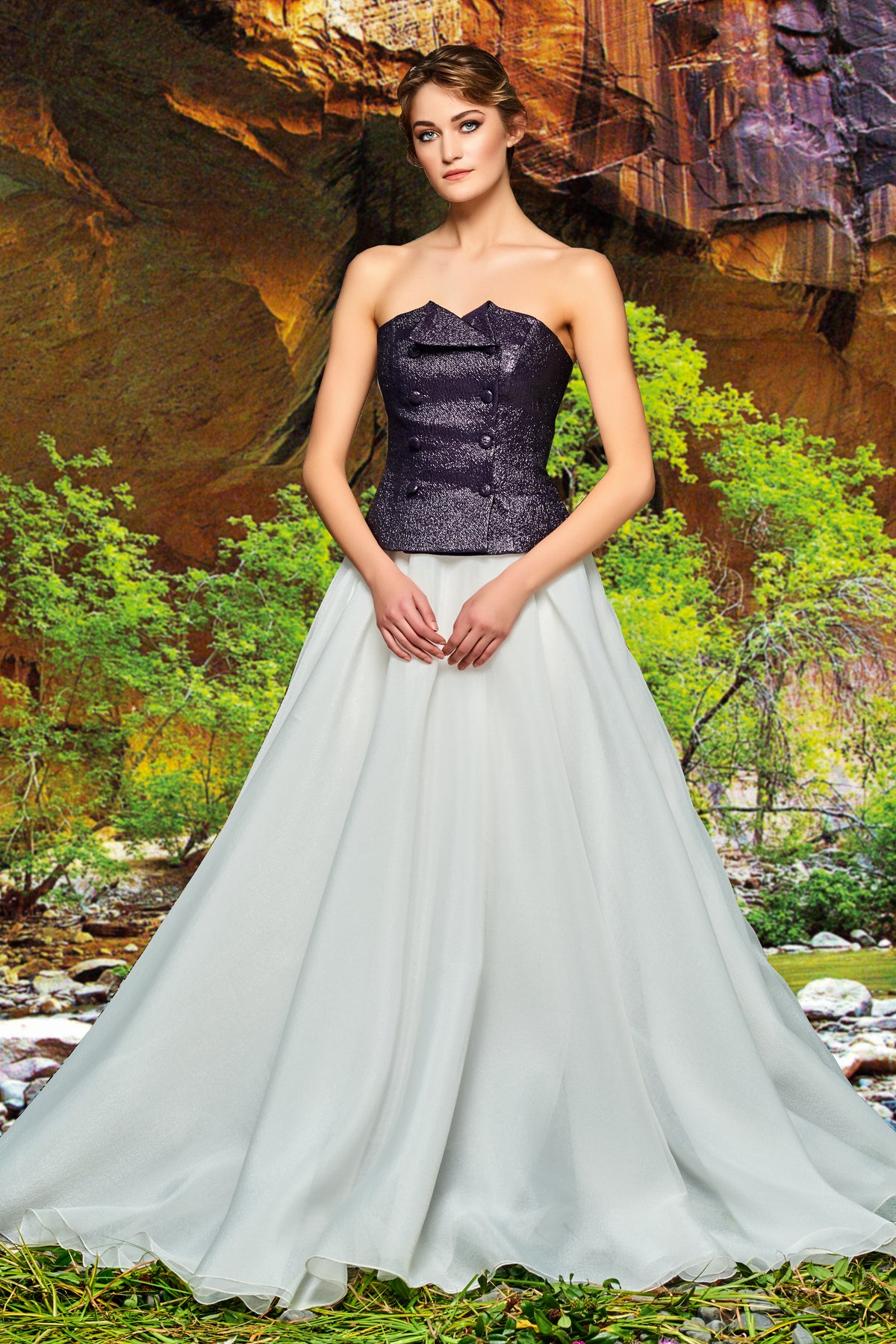 Double-Breast Metallic Crinkled Jacquard Top with Skirt