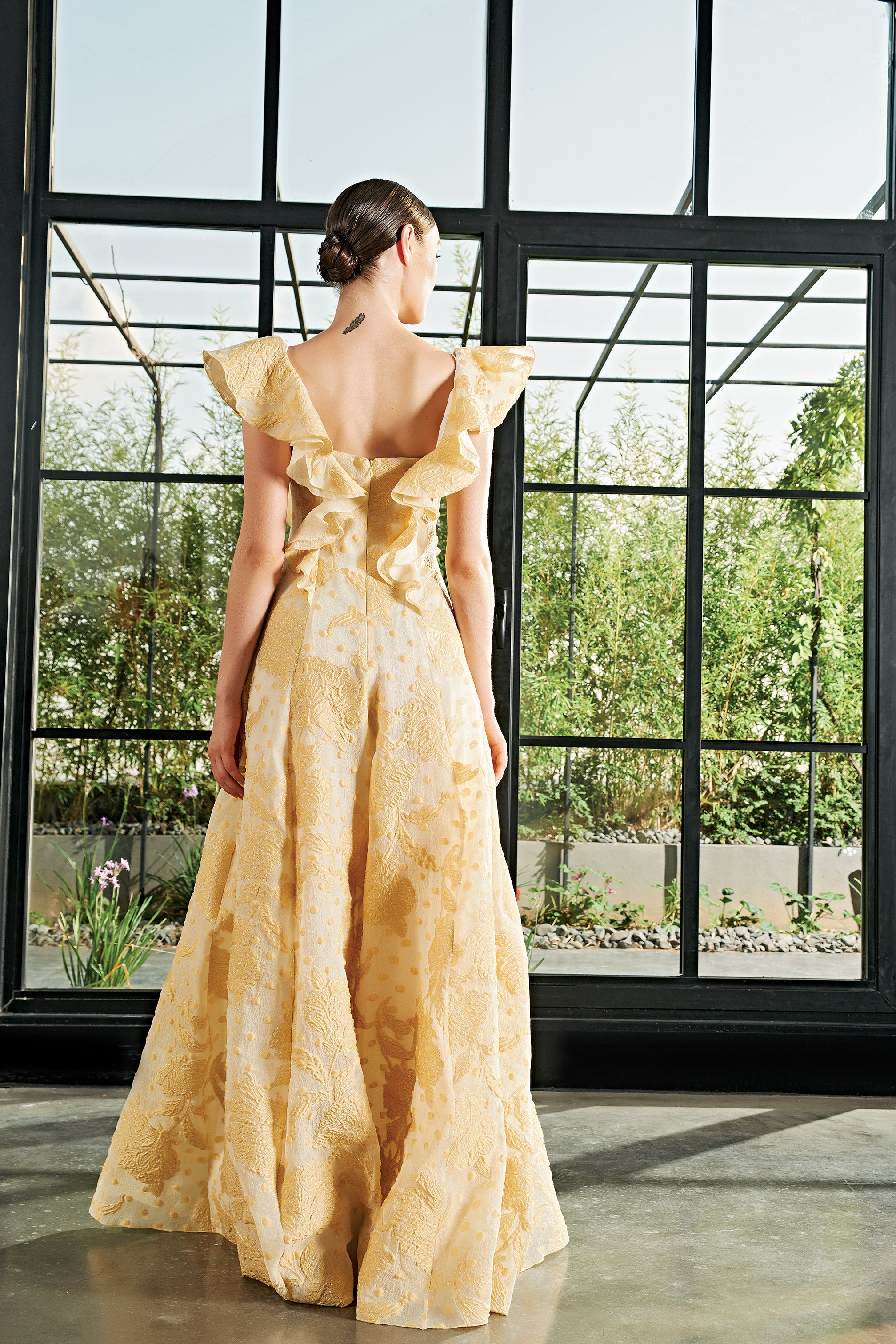 Ruffle Detailed Fil-Coupe and Soft Organza Long Dress GRAY