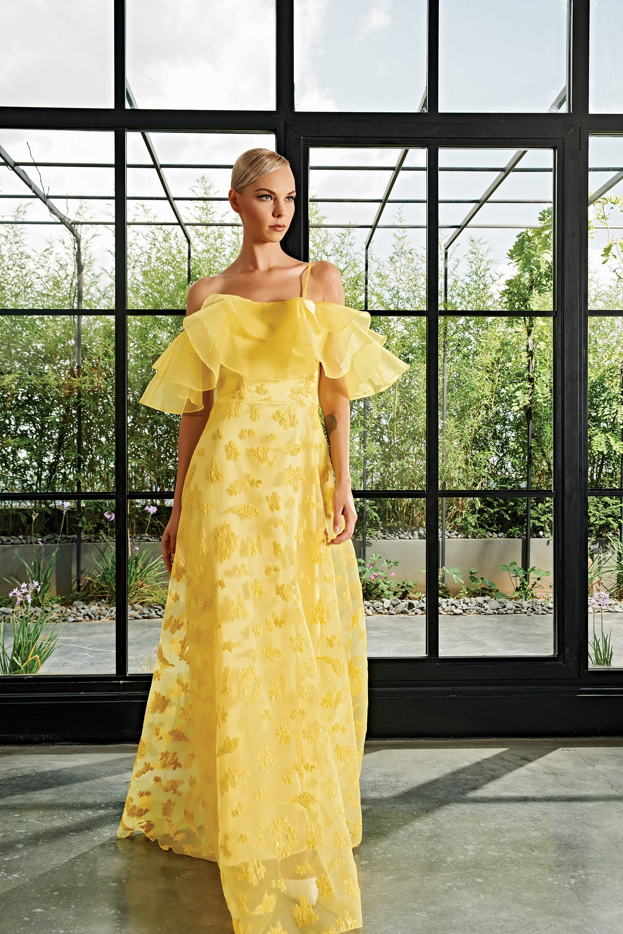 Organza Ruffle Detailed Flowered Fil-Coupe Long Dress