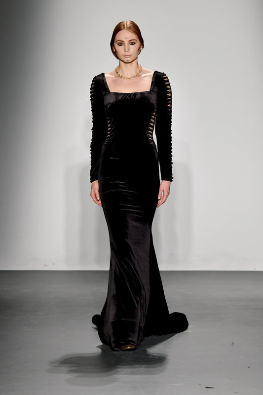 Stretch Velvet Gown with Laser-Cut Detail