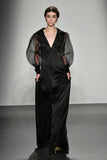 Stretch Satin Dress with Organza Puff Sleeves