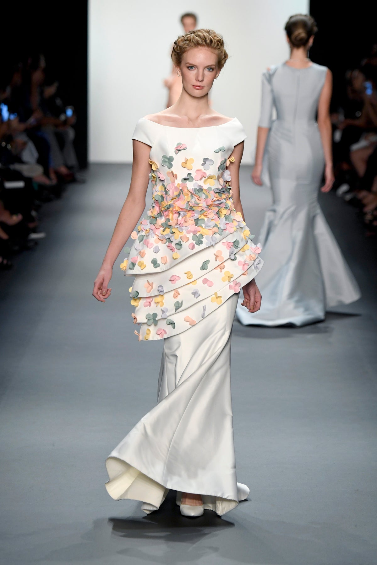 3D Flowered Taffeta Off-Shoulder Gown