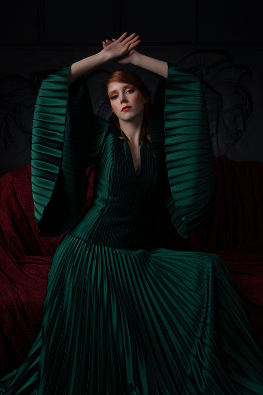 Hand Pleated Bodice with Pleat Satin Gown
