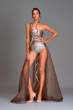 Stretch metallic bodysuit with organza train - John Paul Ataker