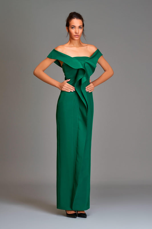 Organza detailed ruffled faille long dress - John Paul Ataker
