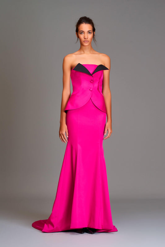 Two-toned, strapless tuxedo-flap, mermaid gown - John Paul Ataker