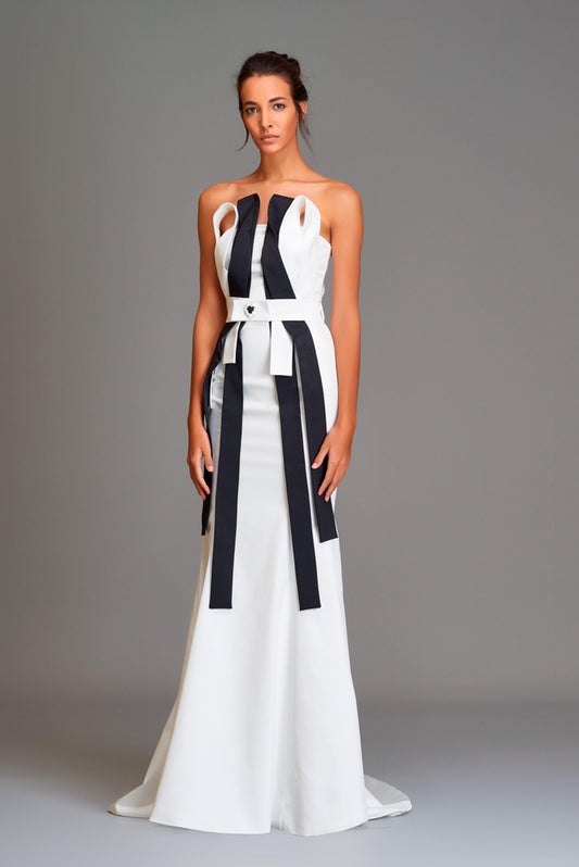 Two-toned contrast strips, mermaid strapless gown - John Paul Ataker