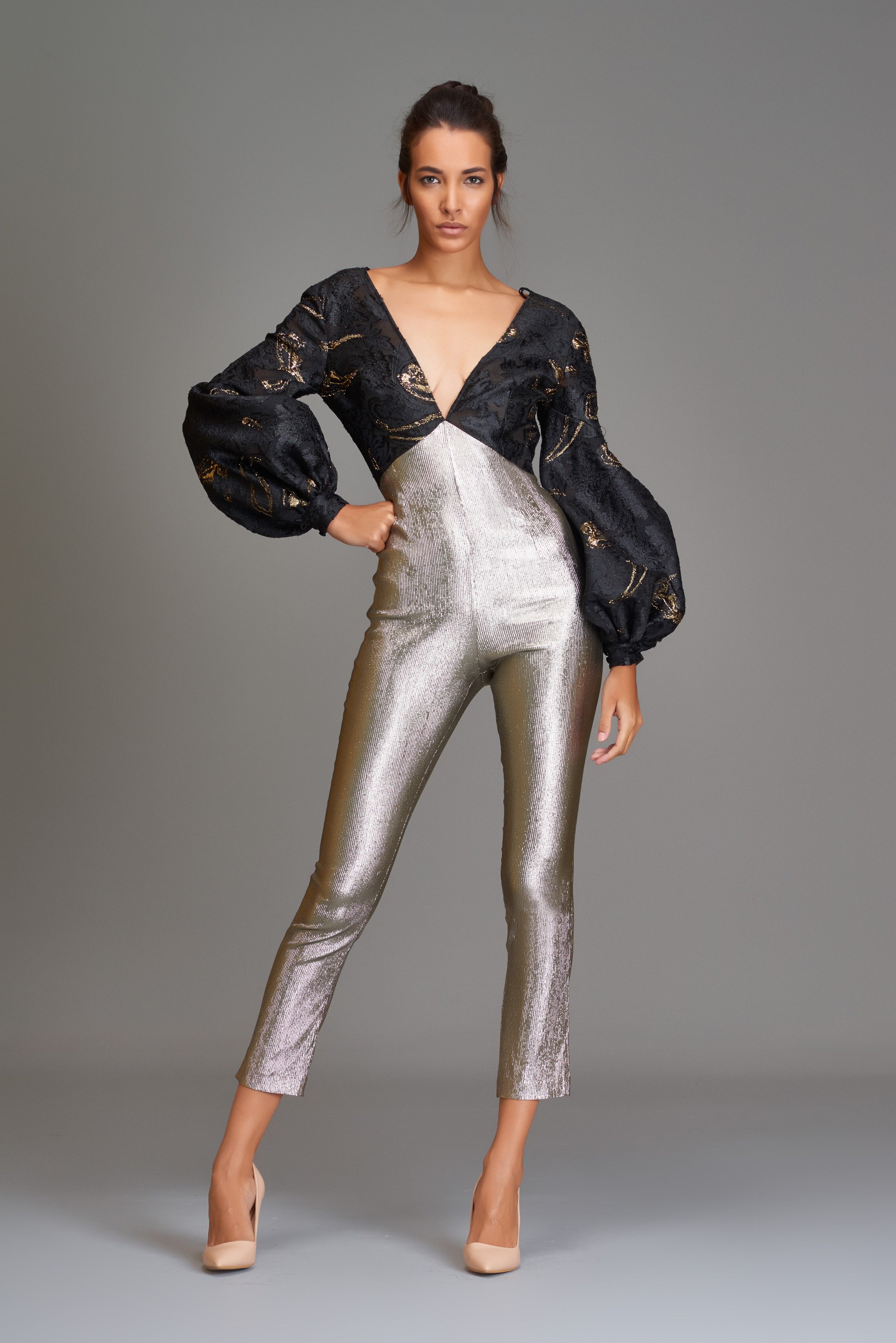 Stretch Metallic Fabric and Fil-Coupe Jumpsuit