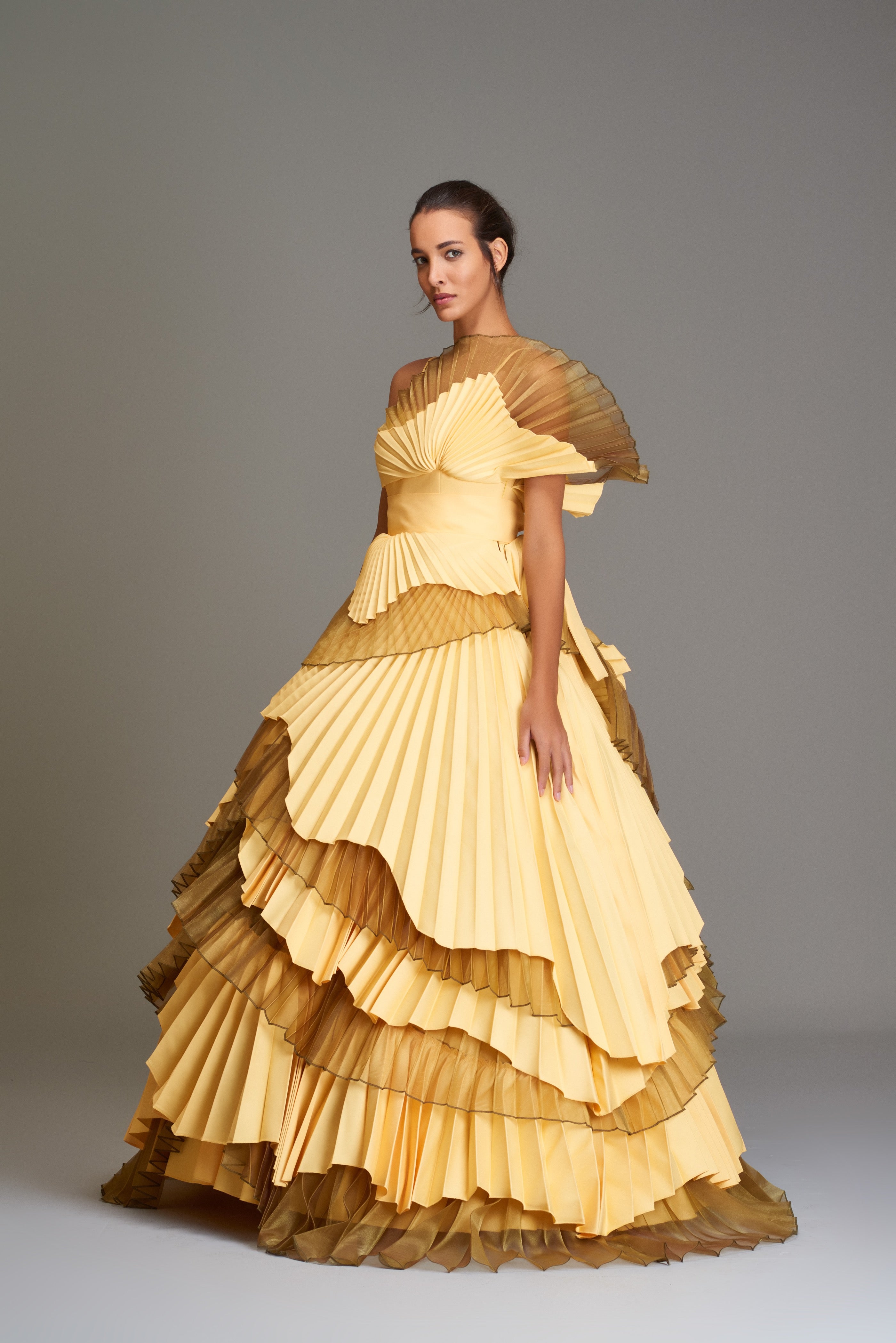pleated traditional dresses Green Pleated Shimmering 3/4 Sleeve Ball Gown