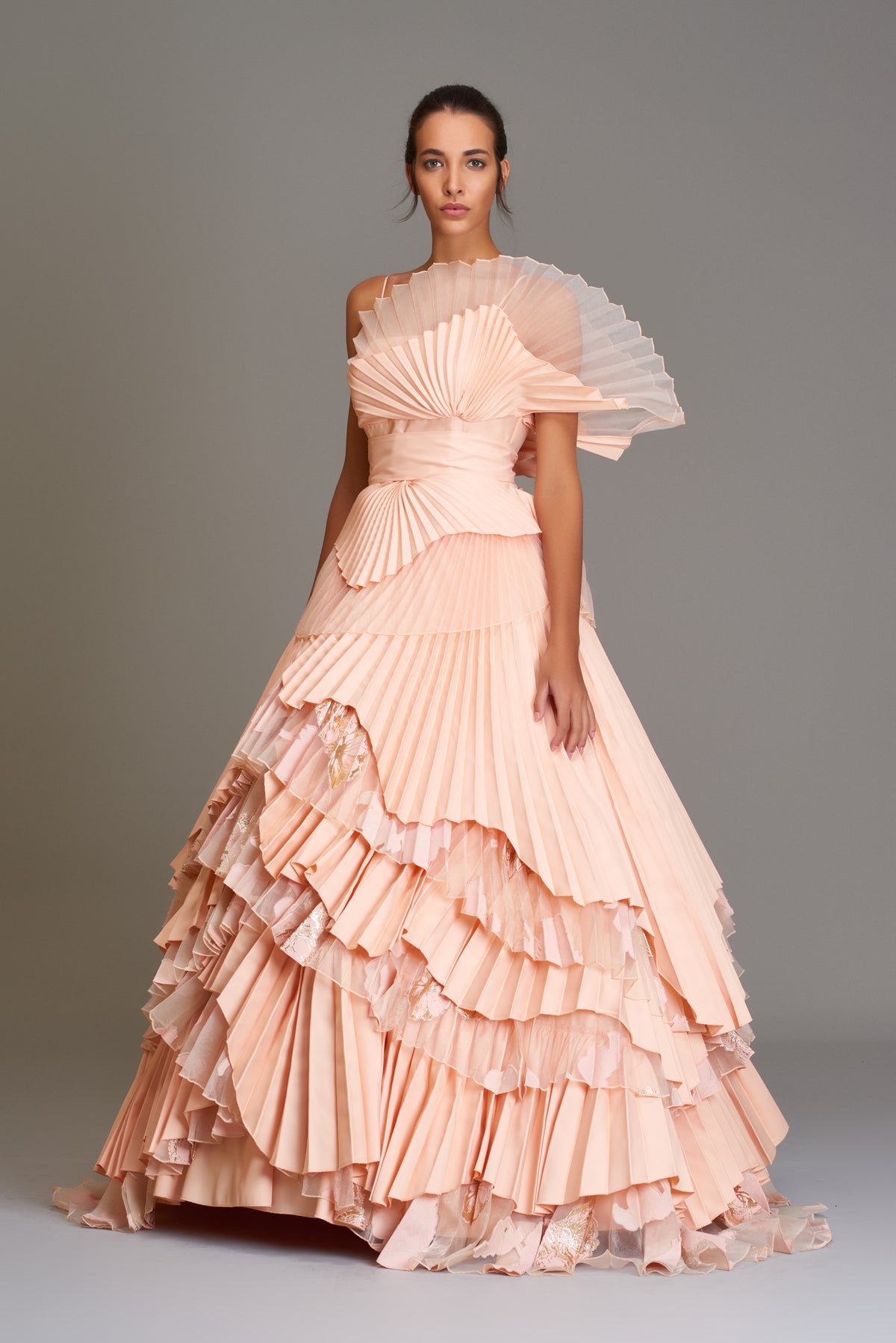Pleated taffeta and fil-coupe organza layered gown