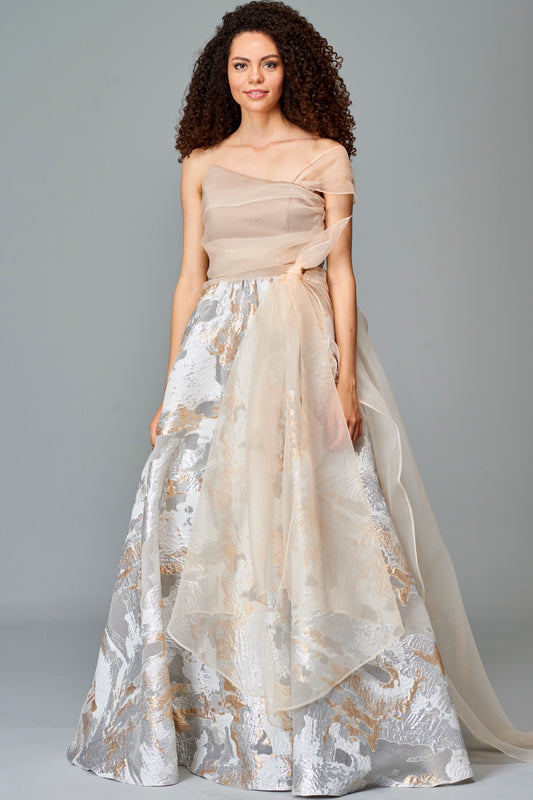 Draped Organza Detailed Fil Coupe and Faille Gown