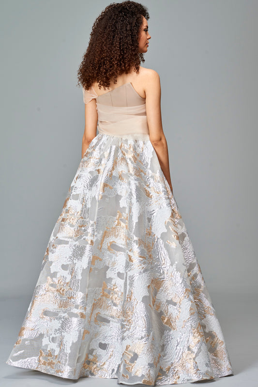 Draped Organza Detailed Fil Coupe and Faille Gown