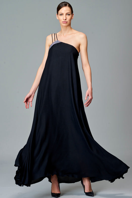 Loose Viscose Long Dress with Metallic Detail