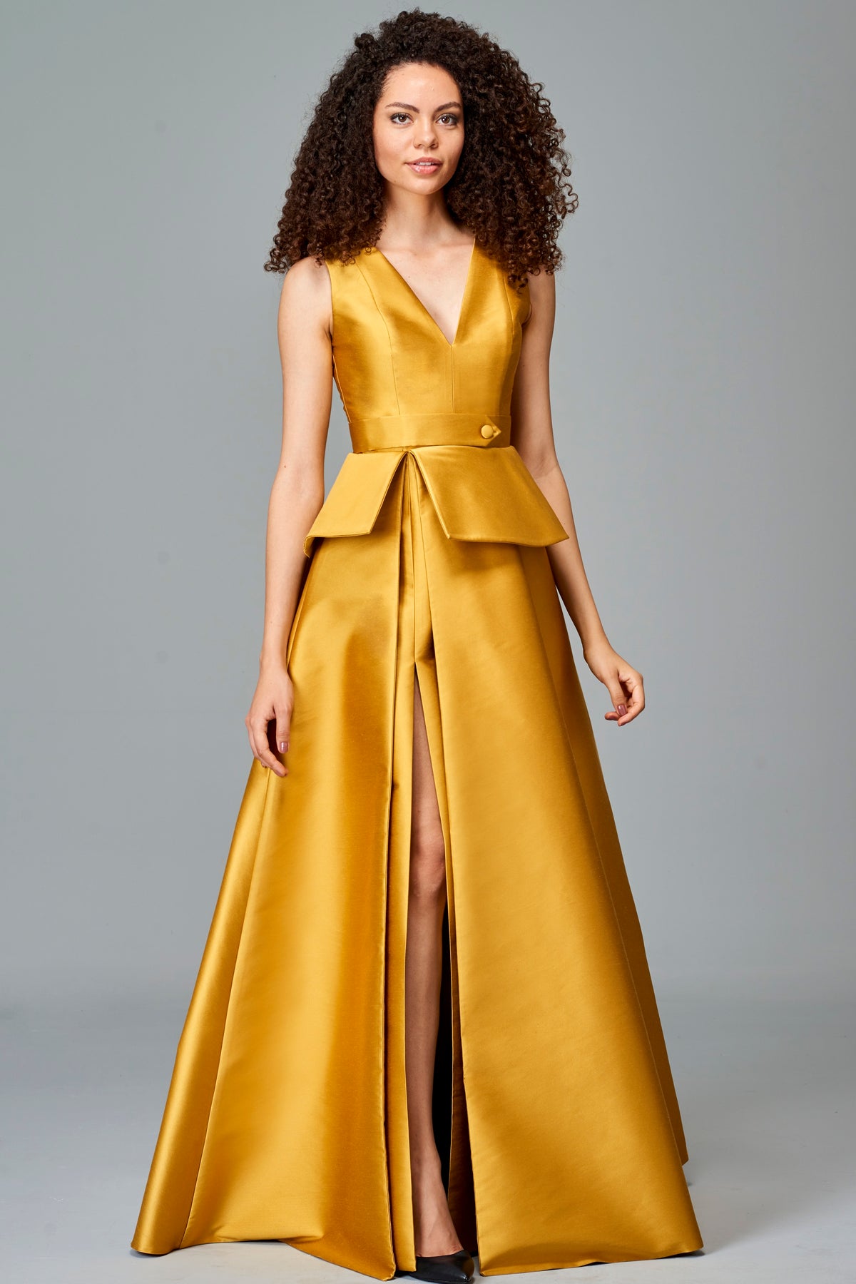 Structured Taffeta Gown with Slit