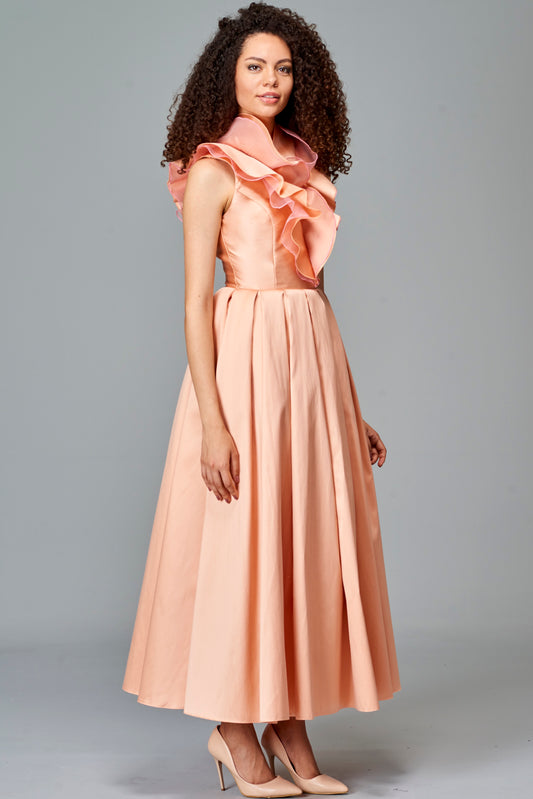 Ruffle Colar Taffeta Midi Gown