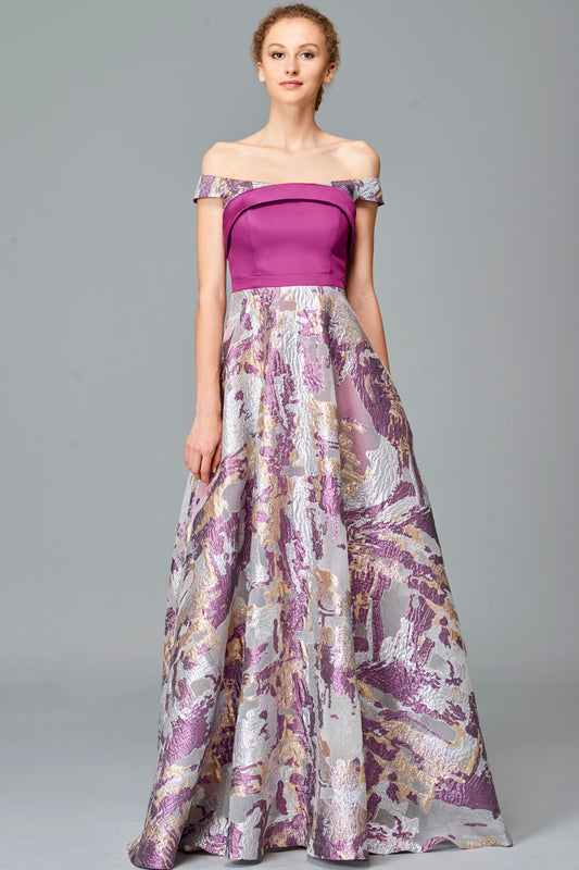 Off-Shoulder Fil Coupe and Faille Long Dress