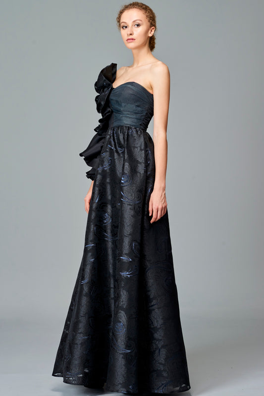 Side Ruffle Detailed Fil Coupe Long Dress