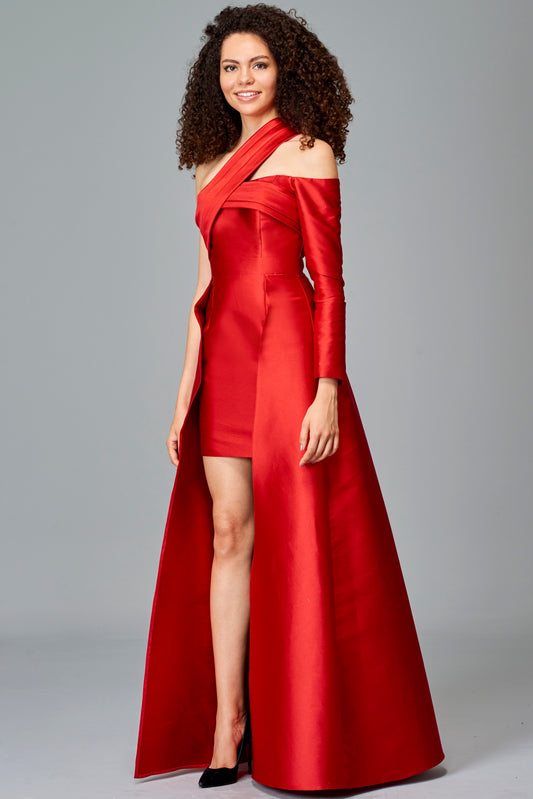 Draped Taffeta High-Low Dress