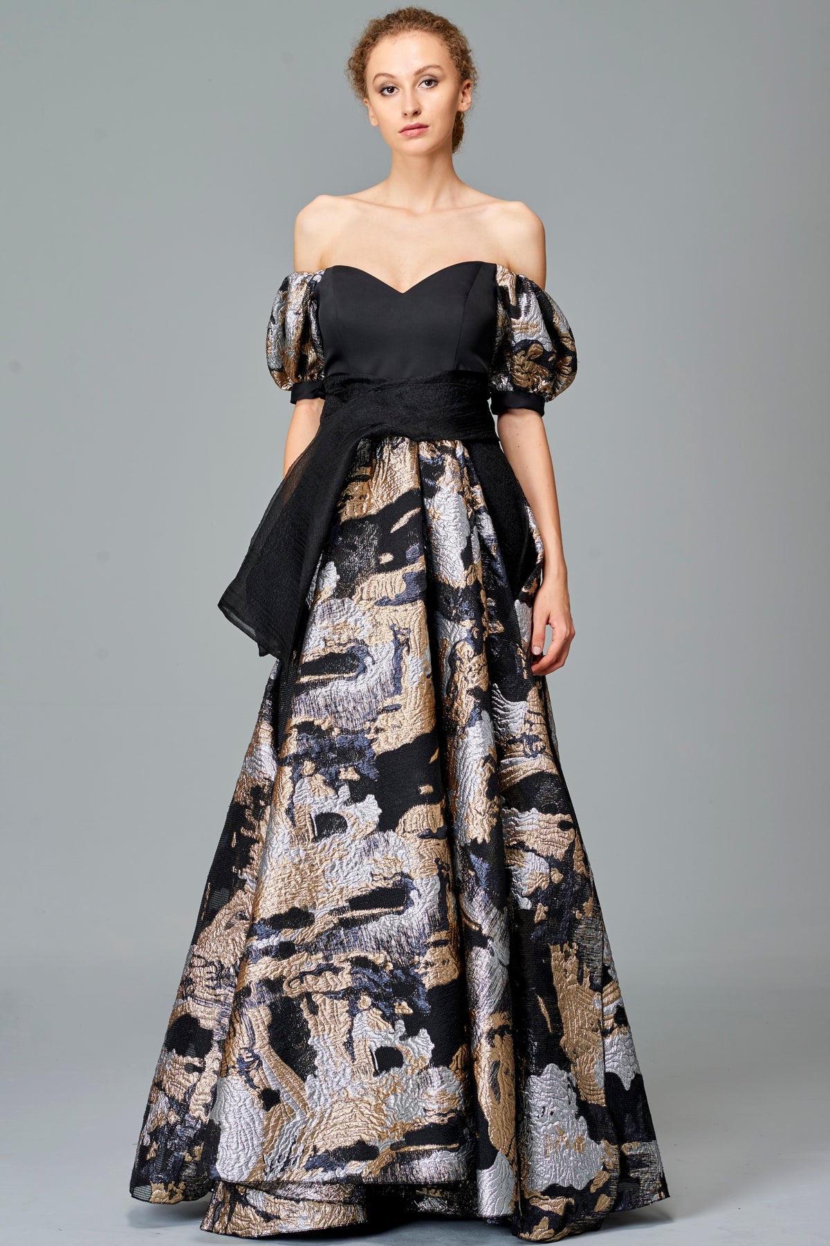 Pleated Faille and Fil Coupe Gown