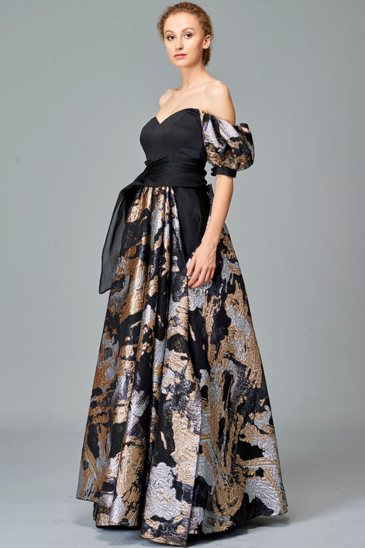 Pleated Faille and Fil Coupe Gown