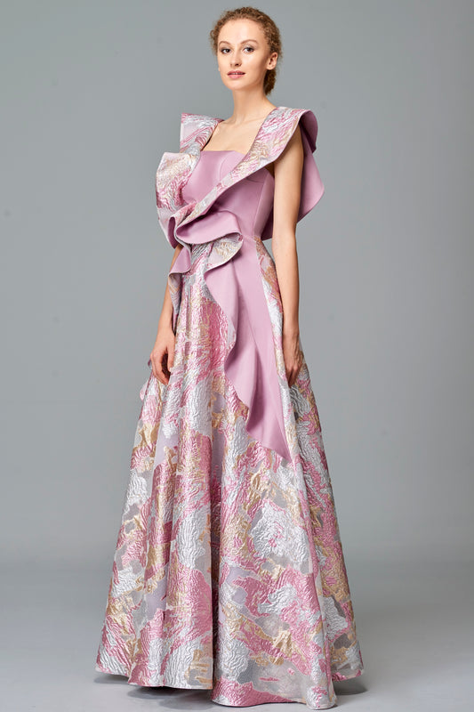 Ruffle Detailed Fil Coupe and Faille Long Dress