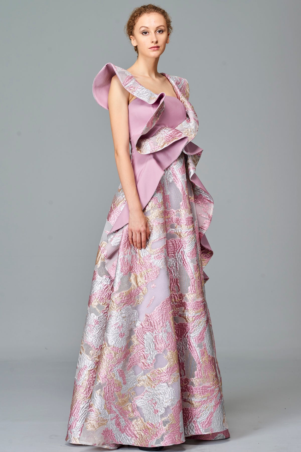 Ruffle Detailed Fil Coupe and Faille Long Dress