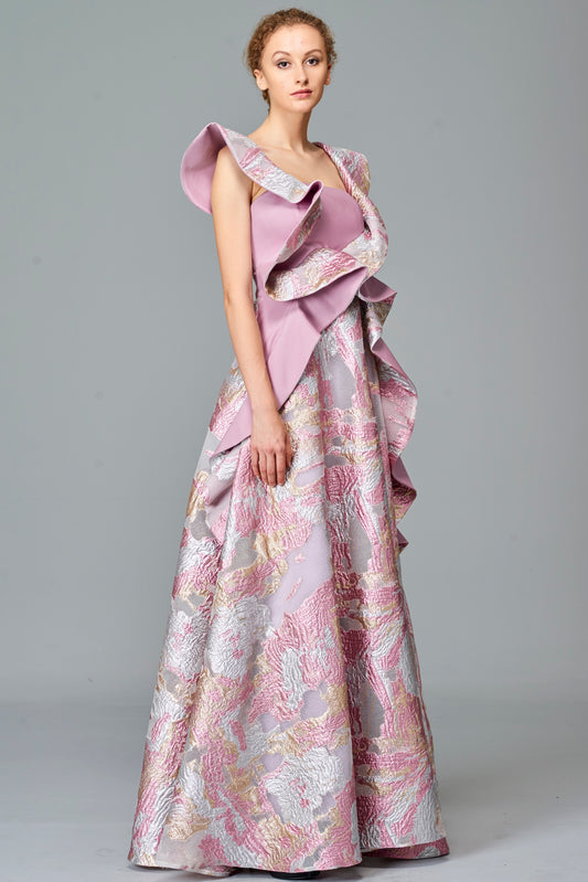 Ruffle Detailed Fil Coupe and Faille Long Dress