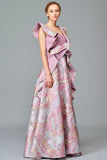 Ruffle Detailed Fil Coupe and Faille Long Dress