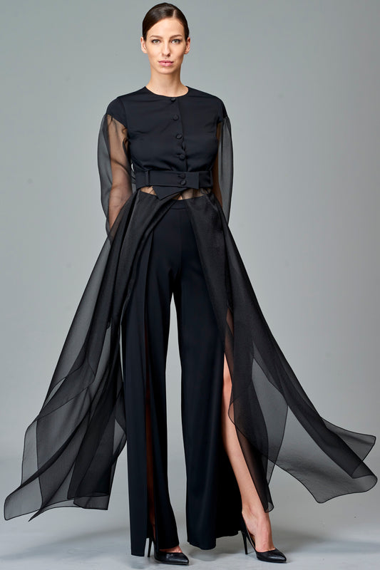 Double Viscose Jacket with Organza Sleeve and Skirt with Double Viscose Front Slit Pant