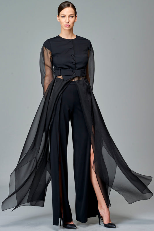 Double Viscose Jacket with Organza Sleeve and Skirt with Double Viscose Front Slit Pant
