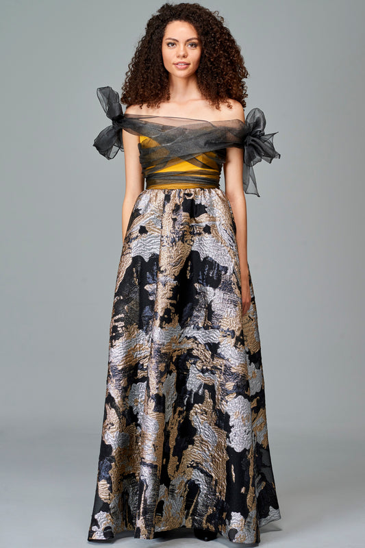 Organza Drape Faille and Fil Coupe Long Dress