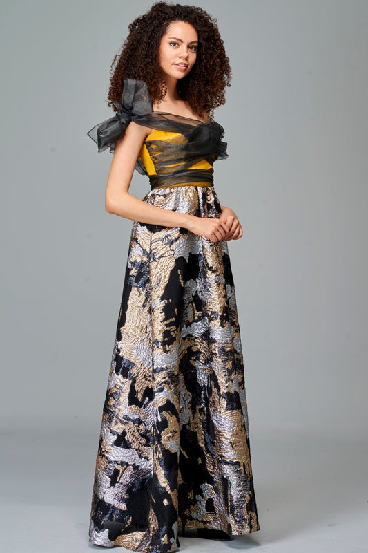 Organza Drape Faille and Fil Coupe Long Dress