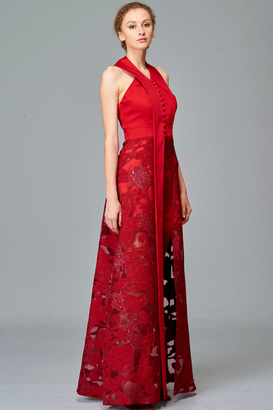 Structured Fil Coupe and Faille Long Dress