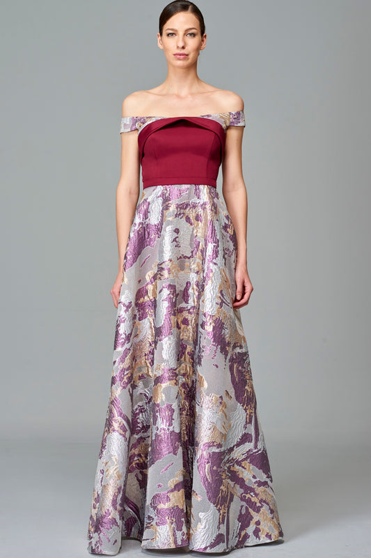 Off-Shoulder Fil Coupe and Faille Long Dress