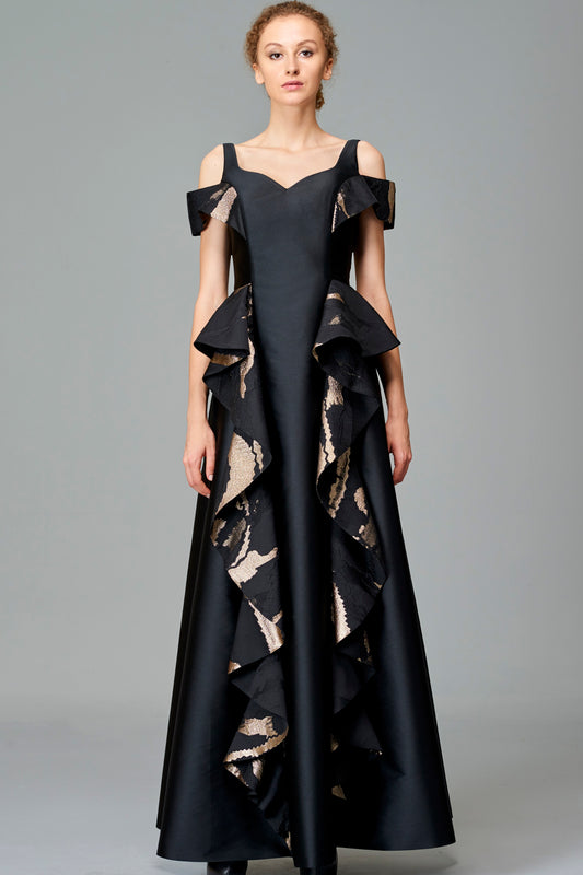 Ruffle Detailed Taffeta and Fil Coupe Gown