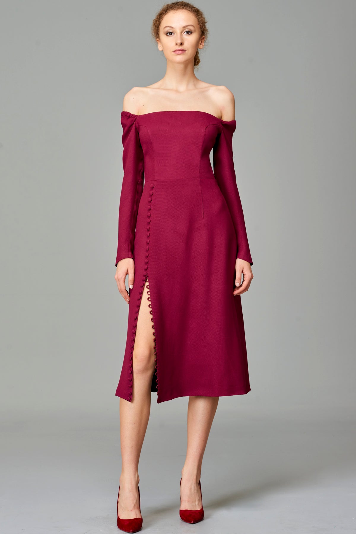 Button Up Slit Detailed Viscose Short Dress