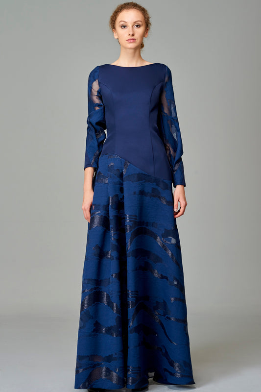 Pleated Faille and Fil Coupe Long Dress