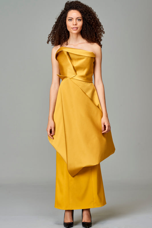 Taffeta Drape Detailed Faille Long Dress