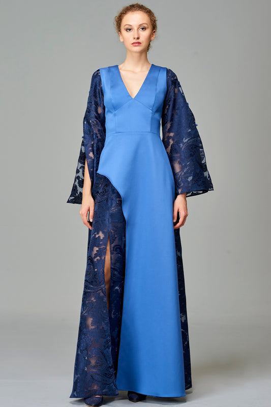 Fil Coupe and Faille Long Dress with Front Slit