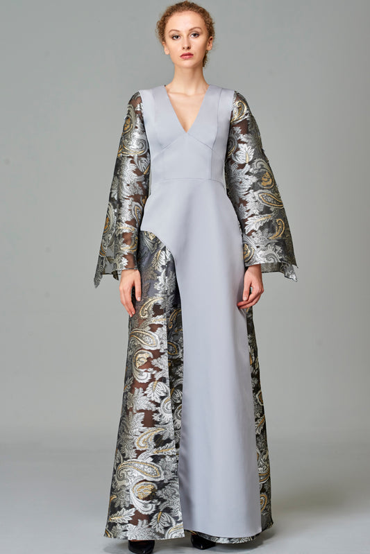 Fil Coupe and Faille Long Dress with Front Slit