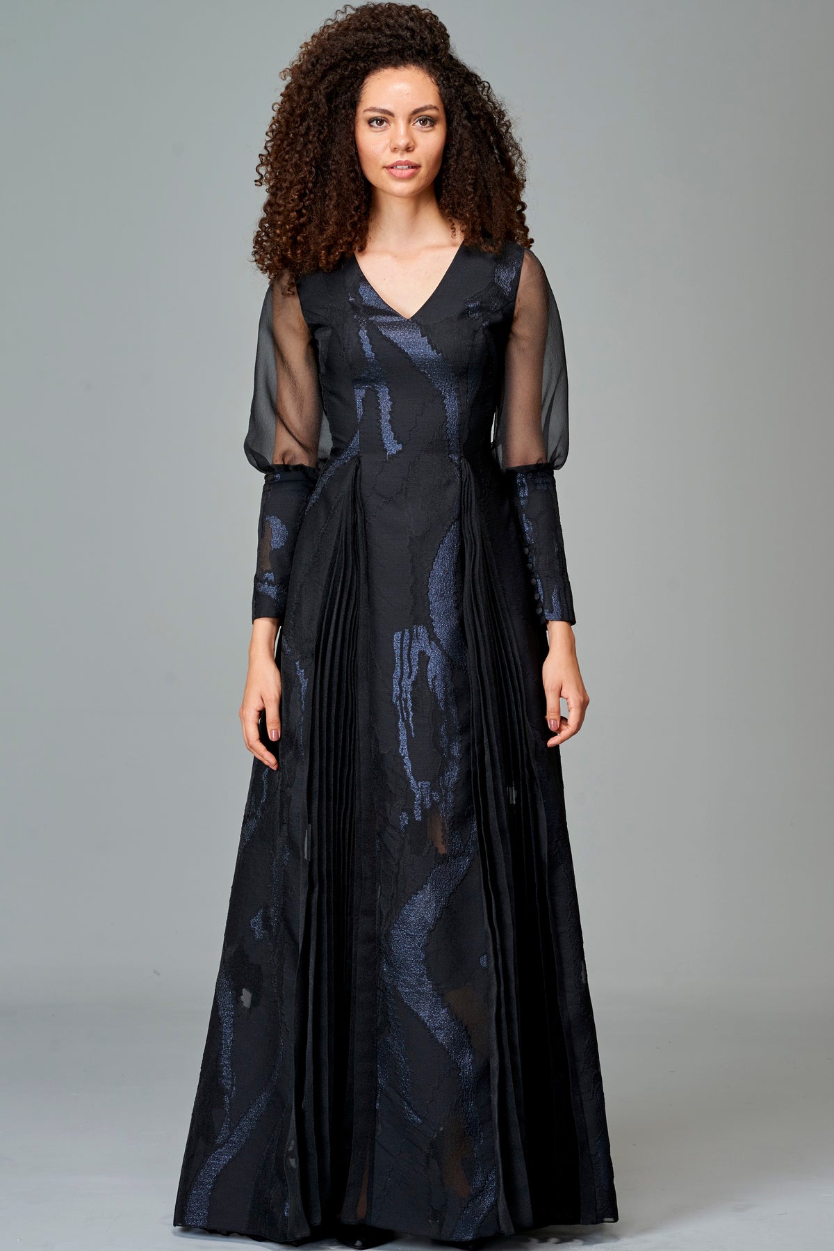 Fil Coupe and Organza Gown with Organza Pleat Detail