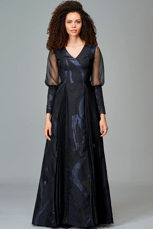 Fil Coupe and Organza Gown with Organza Pleat Detail