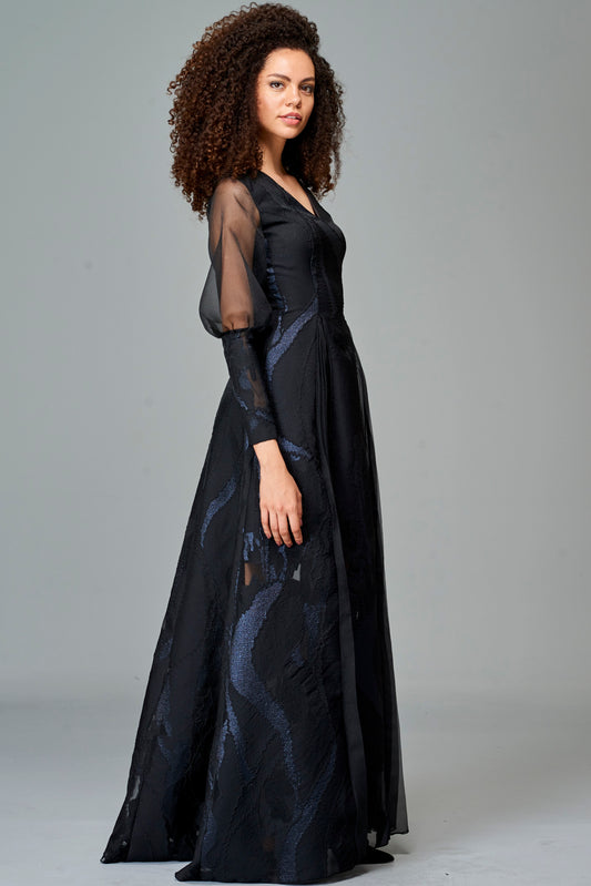 Fil Coupe and Organza Gown with Organza Pleat Detail