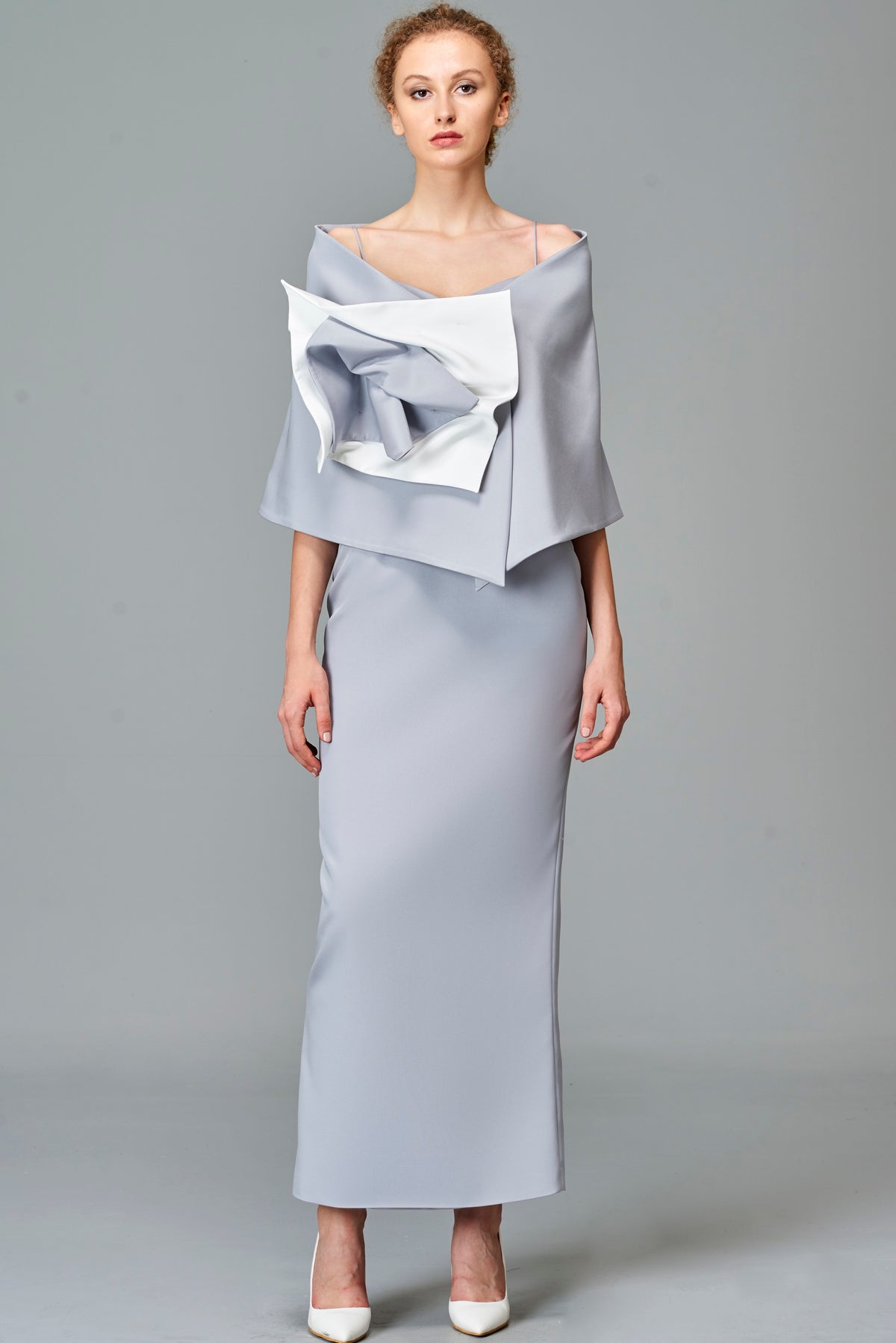 Fitted Long Dress with Off-The-Shoulder Bolero